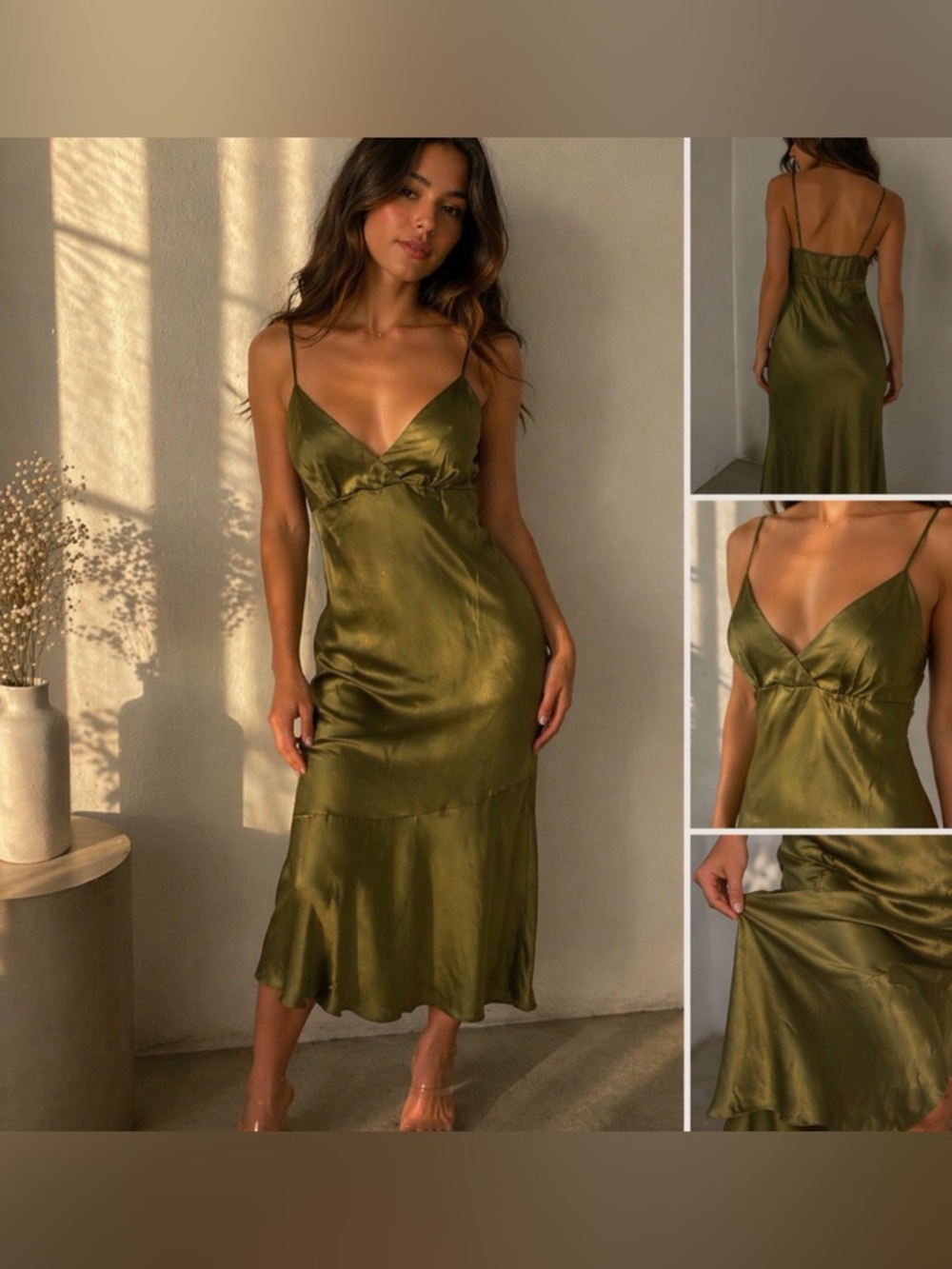 Olive Satin Slip Dress Midi | Silky Minimalist Chic | Date Night / M